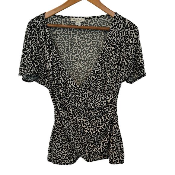 WHITE HOUSE BLACK MARKET Top Womens M Leopard Print Ruffle Knit Animal Boho - Picture 1 of 8